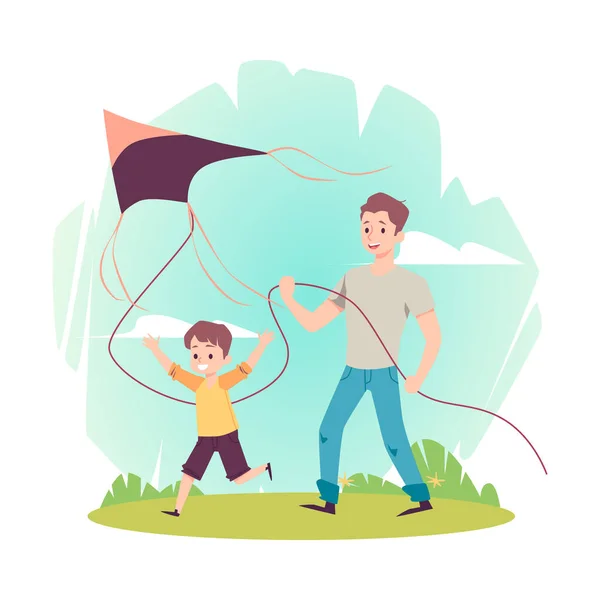 Vader en zoon lanceren een vlieger samen platte vectorillustratie geïsoleerd. — Stockvector