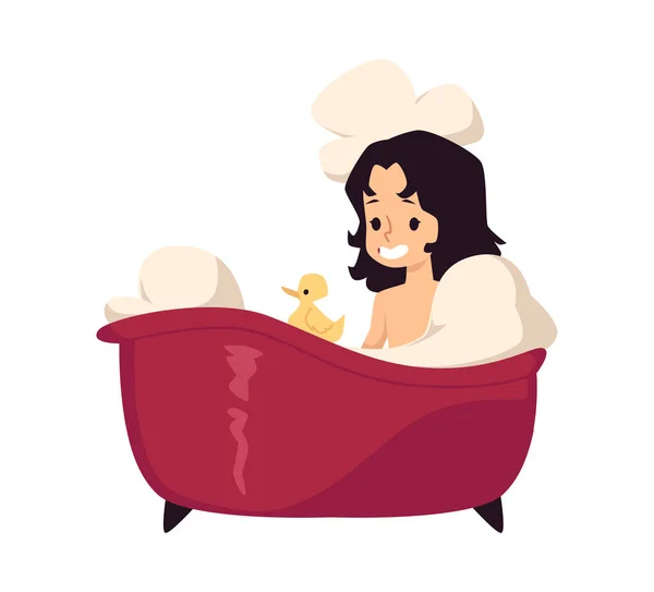 Счастливая девочка моется в ванне с водой и мылом пены в ванной комнате. — стоковый вектор
