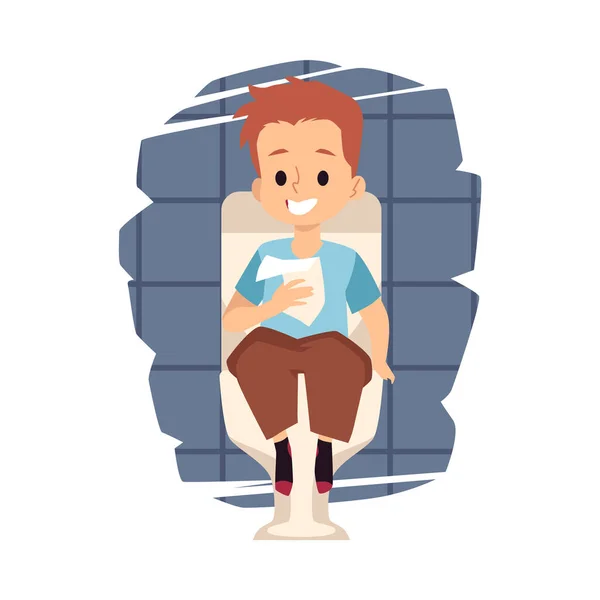 Junge sitzt auf Toilette in Toilette Flat Vector Illustration isoliert. — Stockvektor