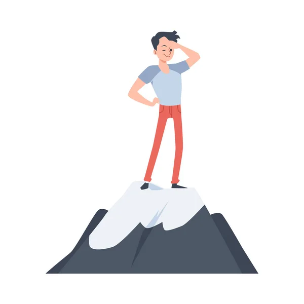 Άνθρωπος στέκεται στο βουνό και κοιτάζοντας προς τα εμπρός, επίπεδη διανυσματική απεικόνιση απομονωμένη. — Διανυσματικό Αρχείο