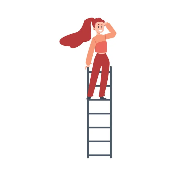 Mujer en la parte superior de la escalera mirando hacia adelante, ilustración vectorial plana aislada. — Vector de stock