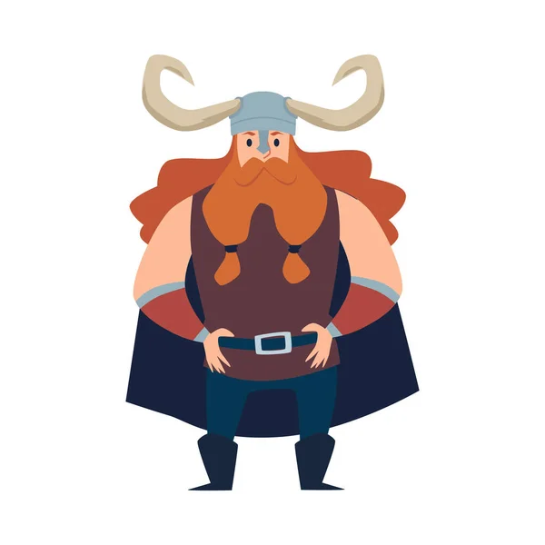 Hombre personaje de dibujos animados guerrero vikingo con barba roja y casco con cuernos. — Vector de stock