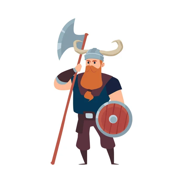 Guerrero vikingo en casco con cuernos sostiene hacha, ilustración vectorial plana aislada. — Archivo Imágenes Vectoriales