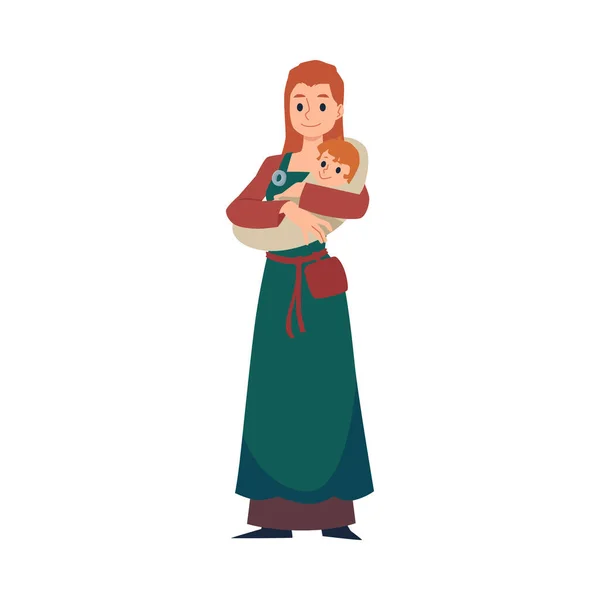 Medeltida vikingakvinna karaktär håller baby platt vektor illustration isolerad. — Stock vektor