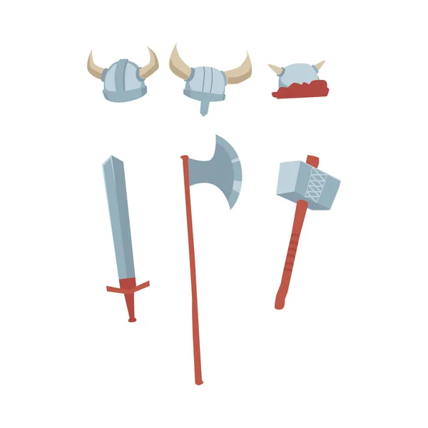 Vector set of medieval weapons and armor of viking, ancient warrior. — Stock Vector