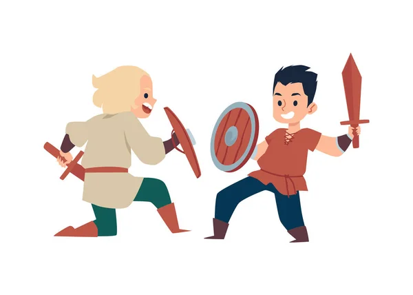 Dibujos animados vikingos niños medievales luchando, vector plano ilustración aislado. — Vector de stock