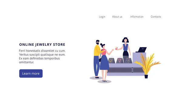 オンライン宝石店のウェブサイトのバナー、漫画の売り手と顧客 — ストックベクタ