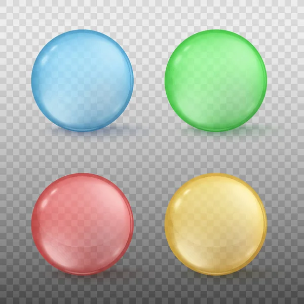 Esferas transparentes de vidrio, bolas brillantes de colores o cuentas brillantes redondas — Vector de stock