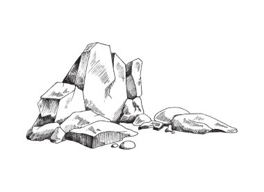 Rock ruins or heap of stones engraving vector illustration isolated on white. clipart
