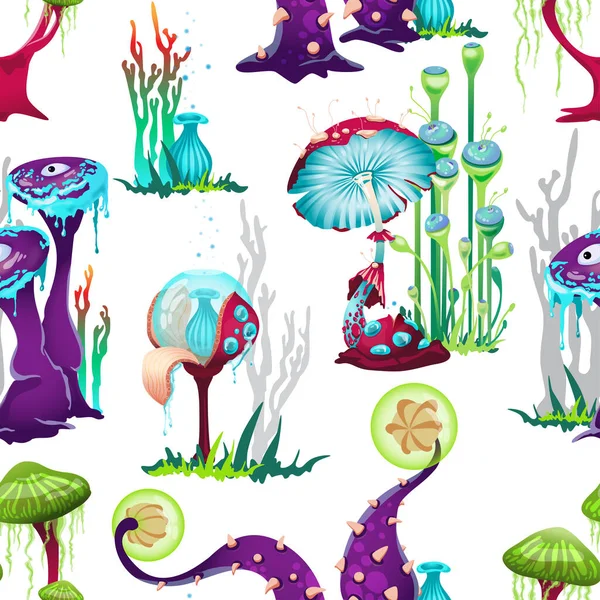 Seamless pattern with magic plants and mushrooms, cartoon vector illustration. — Stock Vector