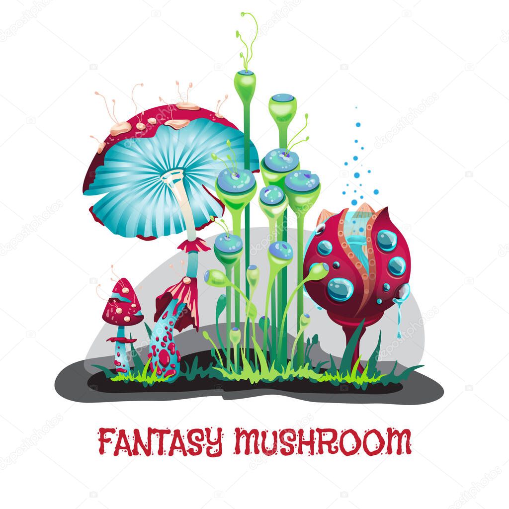 Fantasy mushroom banner in psychedelic colors, cartoon vector illustration.