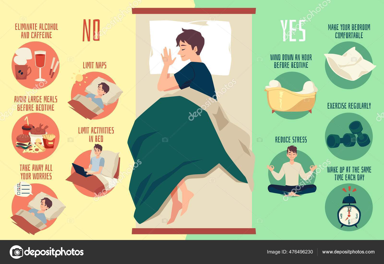 Vector banner with tips for healthy night sleep and rules for prevent