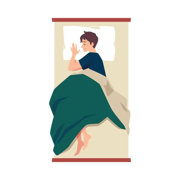 Man slapen zoete droom in bed onder deken platte vector illustratie geïsoleerd. — Stockvector