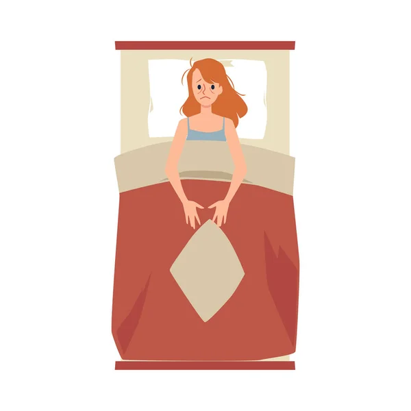Young tired woman lying in bed at night suffers from insomnia or stress. — Stock Vector