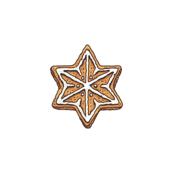 Galleta de la forma de la estrella de Navidad o pan de jengibre, ilustración del vector del boceto aislado. — Vector de stock