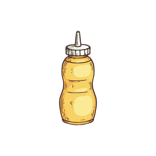 Botella de salsa de mostaza grabado dibujo estilo vector ilustración aislado. — Archivo Imágenes Vectoriales