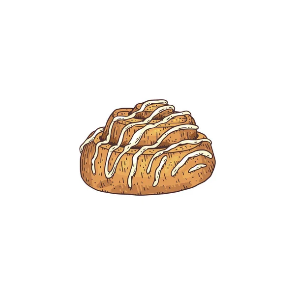 Petit pain à la cannelle avec glaçage, gravure dessin à la main illustration vectorielle isolée. — Image vectorielle