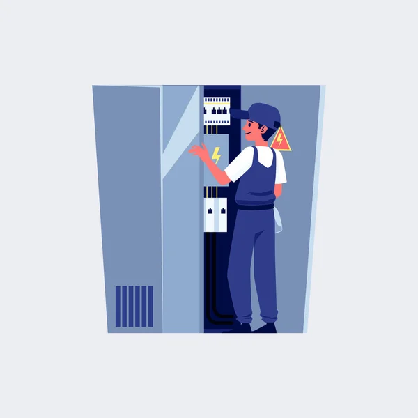 Electrician connects wires in switchboard, flat vector illustration isolated. — Stock Vector