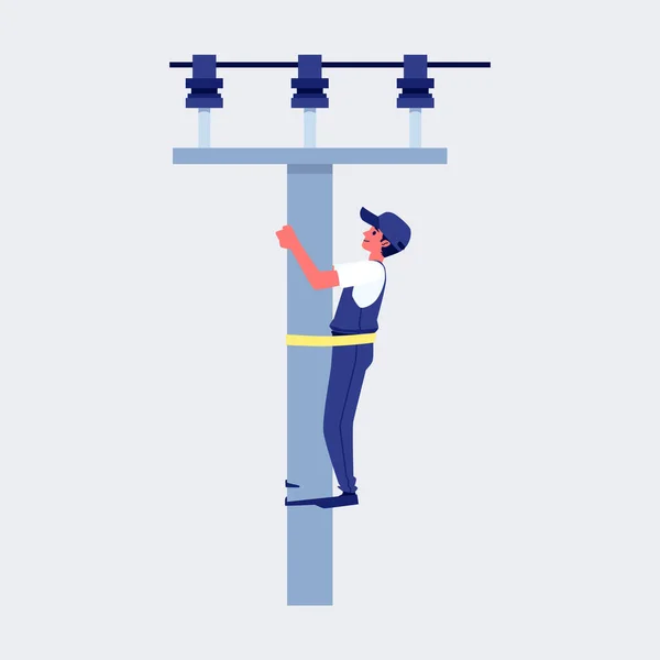Profesjonalny męski elektryk wykonuje prace elektryczne - naprawia linię energetyczną — Wektor stockowy