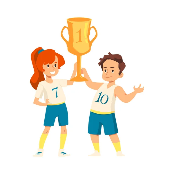 Children in sportswear with gold trophy cup, flat vector illustration isolated. — Stock Vector