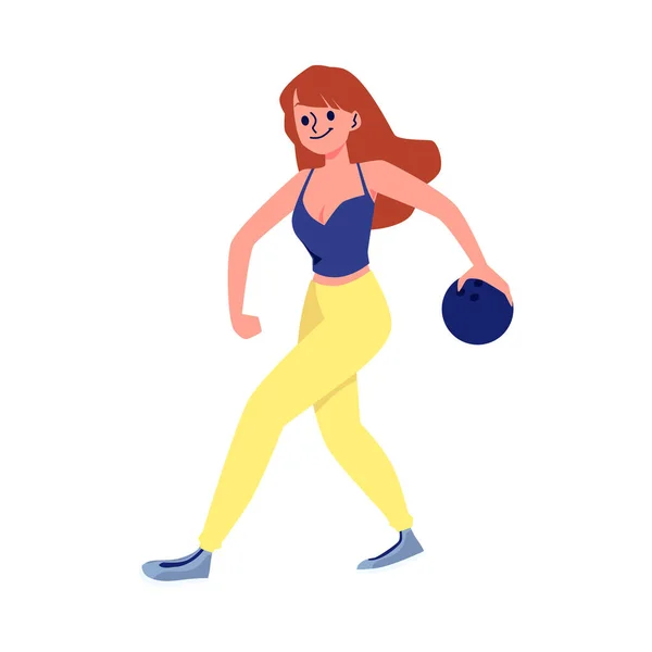 Mujer joven lanzando una bola de bolos, vector plano ilustración aislado. — Vector de stock