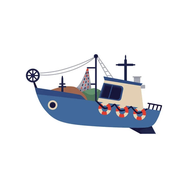 Small fishing boat or launch with nets, flat vector illustration isolated. — Stock Vector