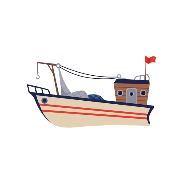 Arrastrero o barco de pesca con polipasto de red, ilustración vectorial plana aislada. — Vector de stock