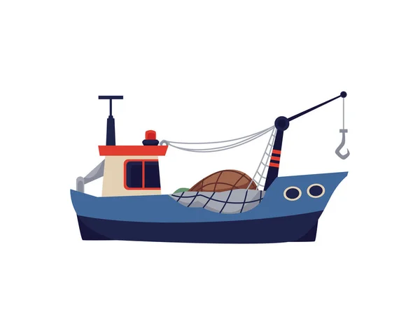 Cartoon symbol of fishing trawler or boat, flat vector illustration isolated. — Stock Vector