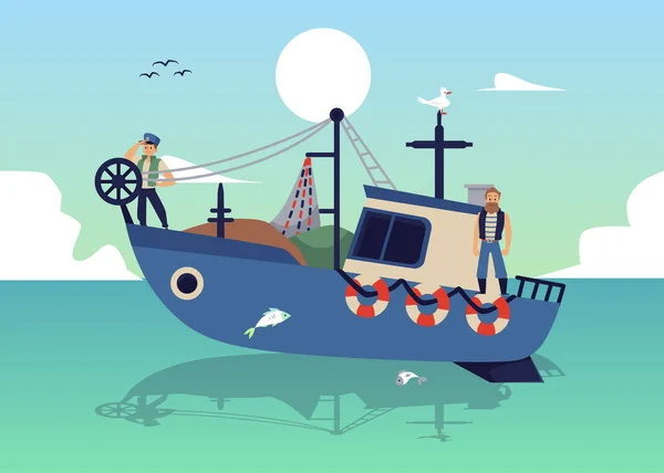 Seascape with fishers on launch boat fishing with net flat vector illustration. — Stock Vector