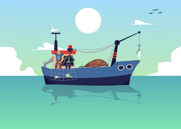 Capa marinha com pescadores pesca de arrasto com rede, ilustração vetorial plana. — Vetor de Stock