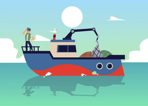 Marine background with fishing boat or launch at sea, flat vector illustration. — Stock Vector