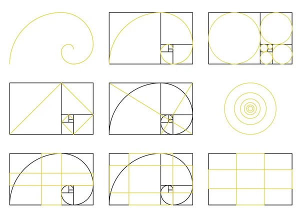 Golden Ratio σπιράλ σχήμα αναλογιών, επίπεδη διανυσματική απεικόνιση απομονωμένη. — Διανυσματικό Αρχείο