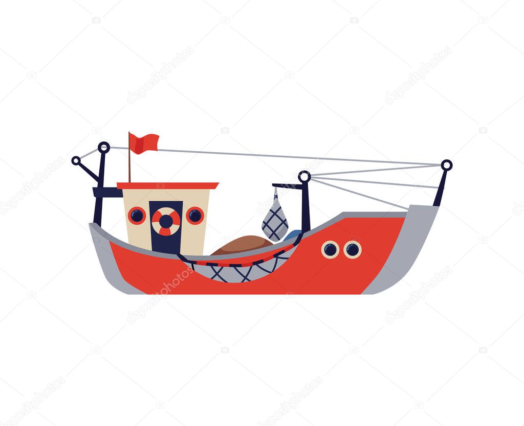 Barco de pesca, barco o barcaza con redes de ilustración vectorial plana  aislada. Vector de stock por ©Sabelskaya 480127590