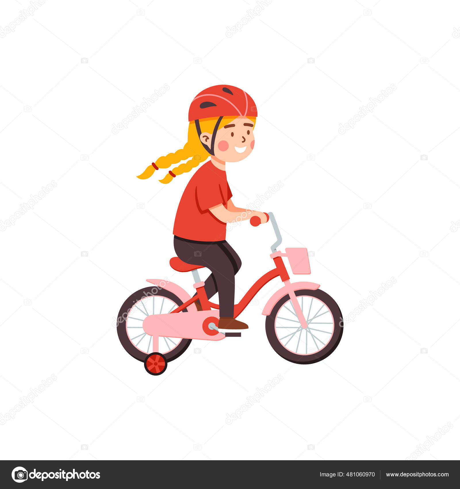 ヘルメット乗馬自転車でかわいい面白い女の子 フラットベクトルイラスト孤立 ストックベクター C Sabelskaya