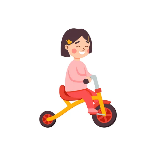 Kindergarten bambino ragazza cavalca balance bike, piatto illustrazione vettoriale isolato. — Vettoriale Stock