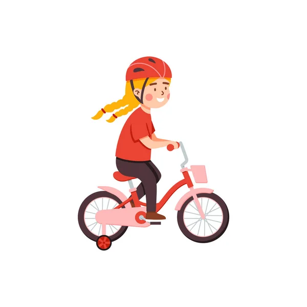 Carino divertente ragazza in casco in bicicletta, vettoriale piatto illustrazione isolato. — Vettoriale Stock