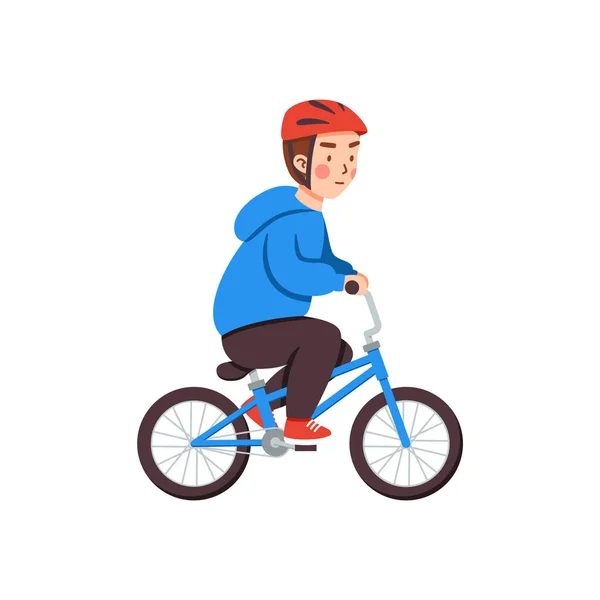 Cute kid boy in safety helmet riding a bicycle, child with two wheel bike. — Stock Vector