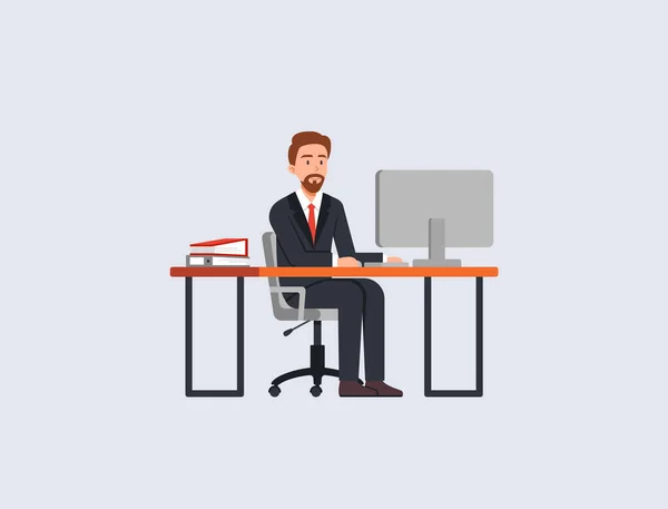 Employé de bureau derrière un ordinateur de bureau, illustration vectorielle plate isolée. — Image vectorielle