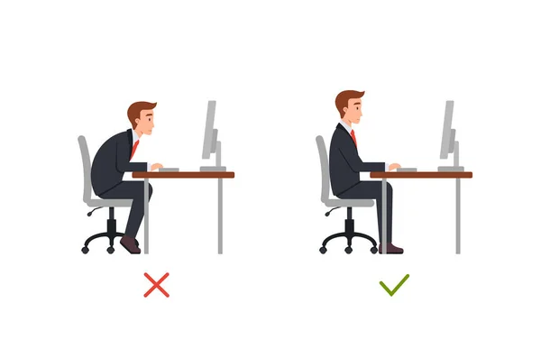 Position assise droite et mauvaise dans la chaise de bureau, illustration vectorielle plate isolée. — Image vectorielle