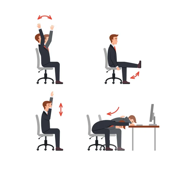 Ασκήσεις για υπαλλήλους γραφείου στο χώρο εργασίας επίπεδη διανυσματική απεικόνιση απομονωμένη. — Διανυσματικό Αρχείο