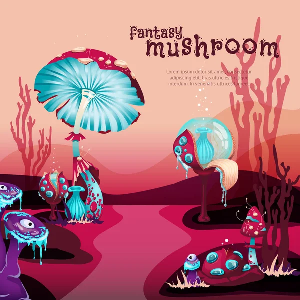 Banner con plantas mágicas de fantasía o hongos ilustración vectorial de dibujos animados. — Vector de stock