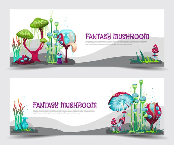 五彩斑斓的彩旗上挂着神奇的幻想蘑菇不同寻常的奇幻植物. — 图库矢量图片