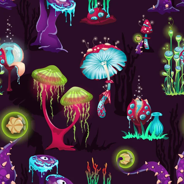 Beautiful vector seamless background with fantasy magic mushrooms. — Stock Vector