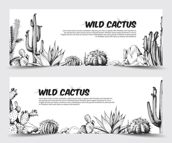 Монохромные баннеры с кактусами и суккулентами, гравировка векторной иллюстрации. — стоковый вектор