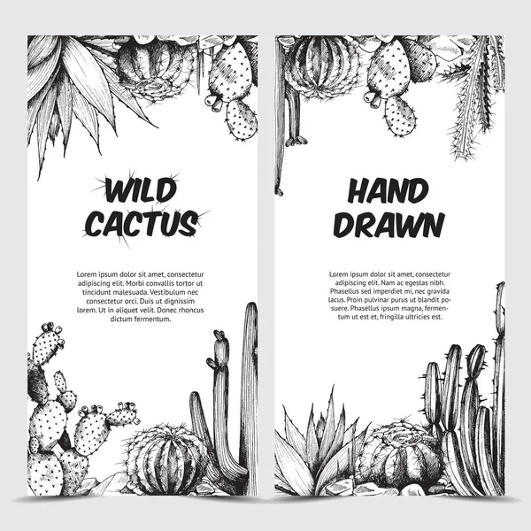 Verticale banners met met de hand getekende wilde cactussen, gegraveerde vectorillustratie. — Stockvector