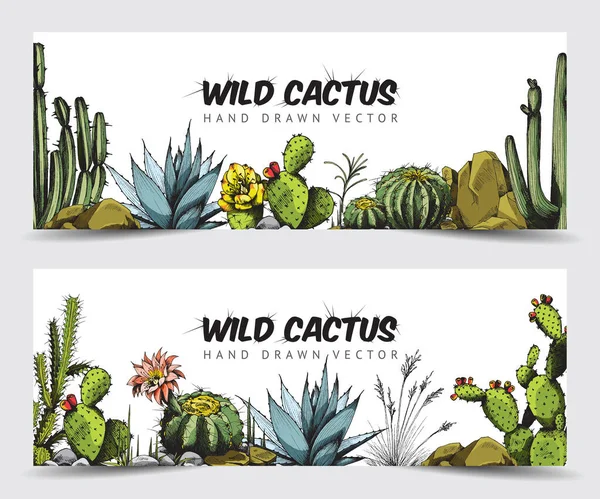 Set spandoeken of flyers met wilde cactussen, gekleurde gegraveerde vectorillustratie. — Stockvector