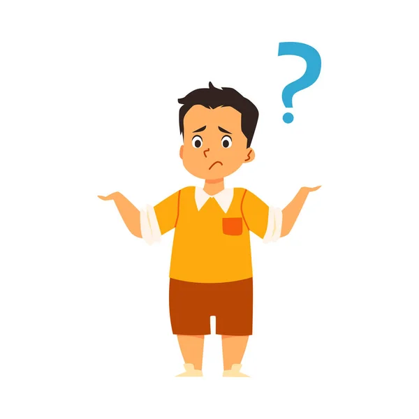 Boy standing with question mark above head, flat vector illustration isolated. — Stock Vector