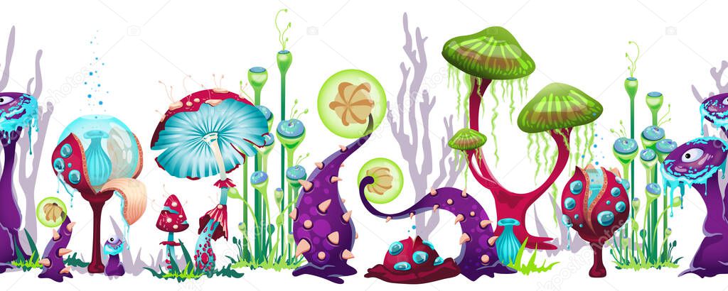 Repeatable border with fantasy mushrooms, flat vector illustration isolated.