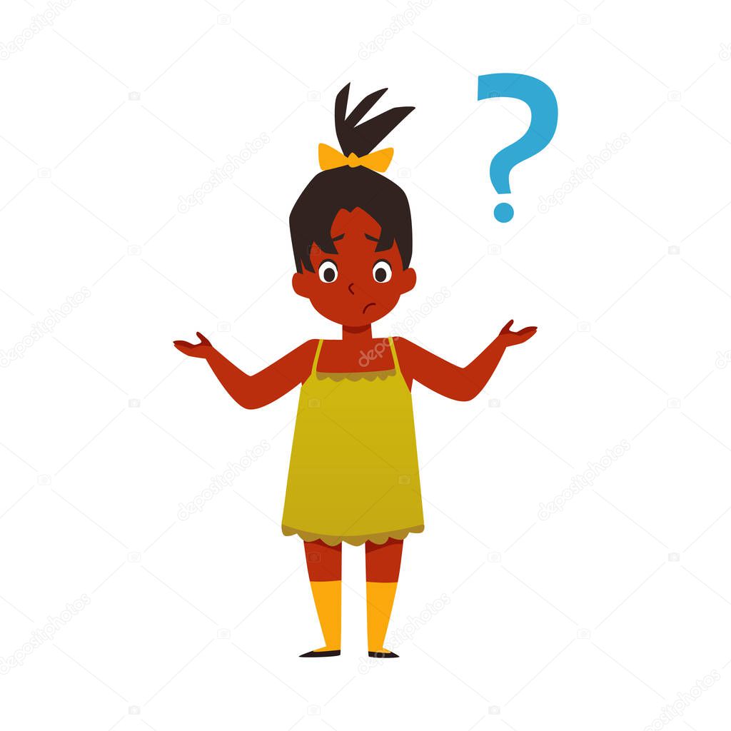 Puzzled child has question or unsolved problem flat vector illustration isolated.