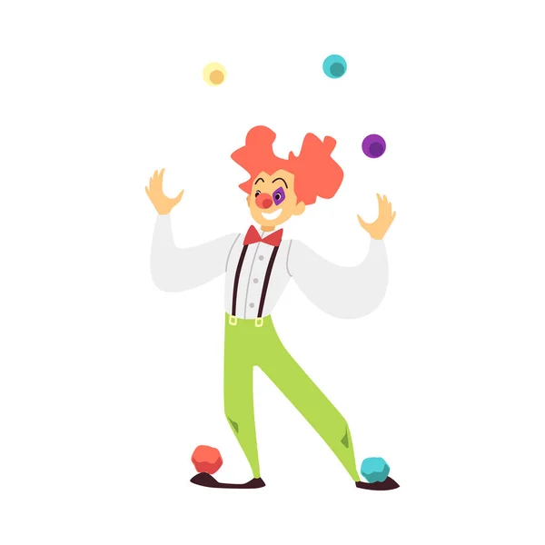 Drôle cirque clown jongler boules colorées, plat vecteur illustration isolé. — Image vectorielle